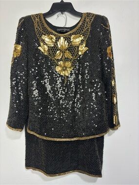 Carolyne Barton Night 100% Silk Skirt Set Small Vintage 80s Sequin Gatsby Art Wm